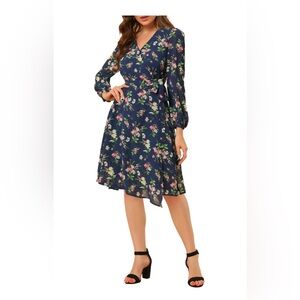 Allegra K Navy Floral Long Sleeve Dress